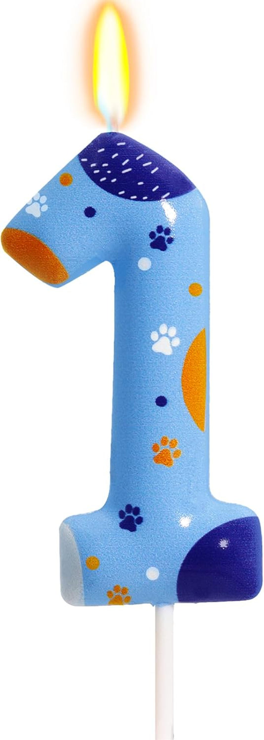 Blue Orange Dog Paw Birthday Candles, Number 1 Print Party Supplies, 2.76 Inch Cake Topper Decorations (Number 1)