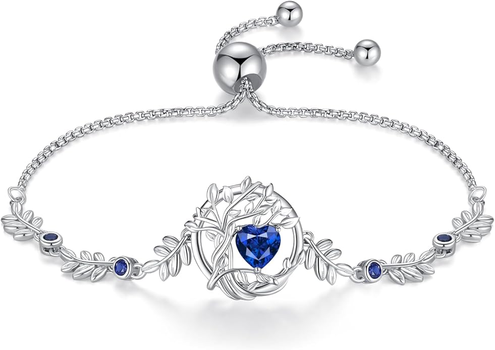 FANCIME Valentines Day Gift Tree of life Birthstone Bracelet for Women Sterling Silver Tree Jewelry Birthstone Charm Bracelet Gemstone Anniversary Birthday Gifts for Wife Mom Her