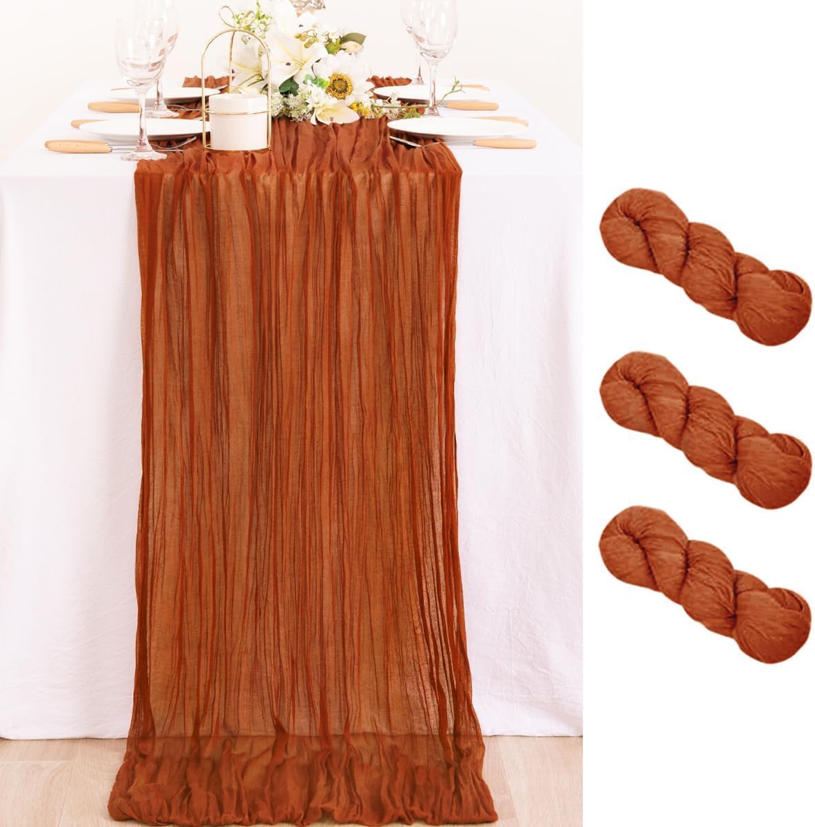 MLMC 3 Pack Terracotta Fall Thanksgiving Table Runner 10ft Rustic Burnt Orange Cheesecloth Table Runner 120 inch Boho Cheese Cloth Centerpiece for Wedding Bridal Shower Pinic Fall Decor