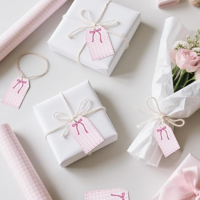 ASYEHJNR 100Pcs Coquette Pink Bow Gift Tags with String Pink Buffalo Plaid Large Gift Tag with 65Ft White String Paper Gift Tag for Coquette Bow Baby Shower Birthday Bachelorette Wedding Gift Wrap Tag