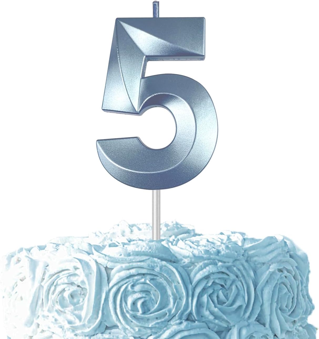 Blue Number 5 Candles, 3D Diamond 2.76 Inch Cake Topper Birthday Candles for Wedding Anniversary Cake Decorations, Happy Birthday Party Decorations