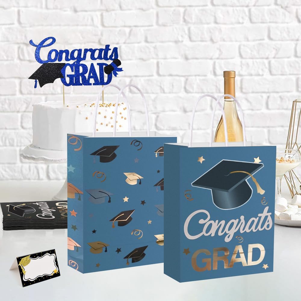 12 Pieces Graduate Gift Bags, Graduation Party Favor Gifts Wrapping Bags for Graduation Season Theme Party Supplies Decoration (Blue Gold)