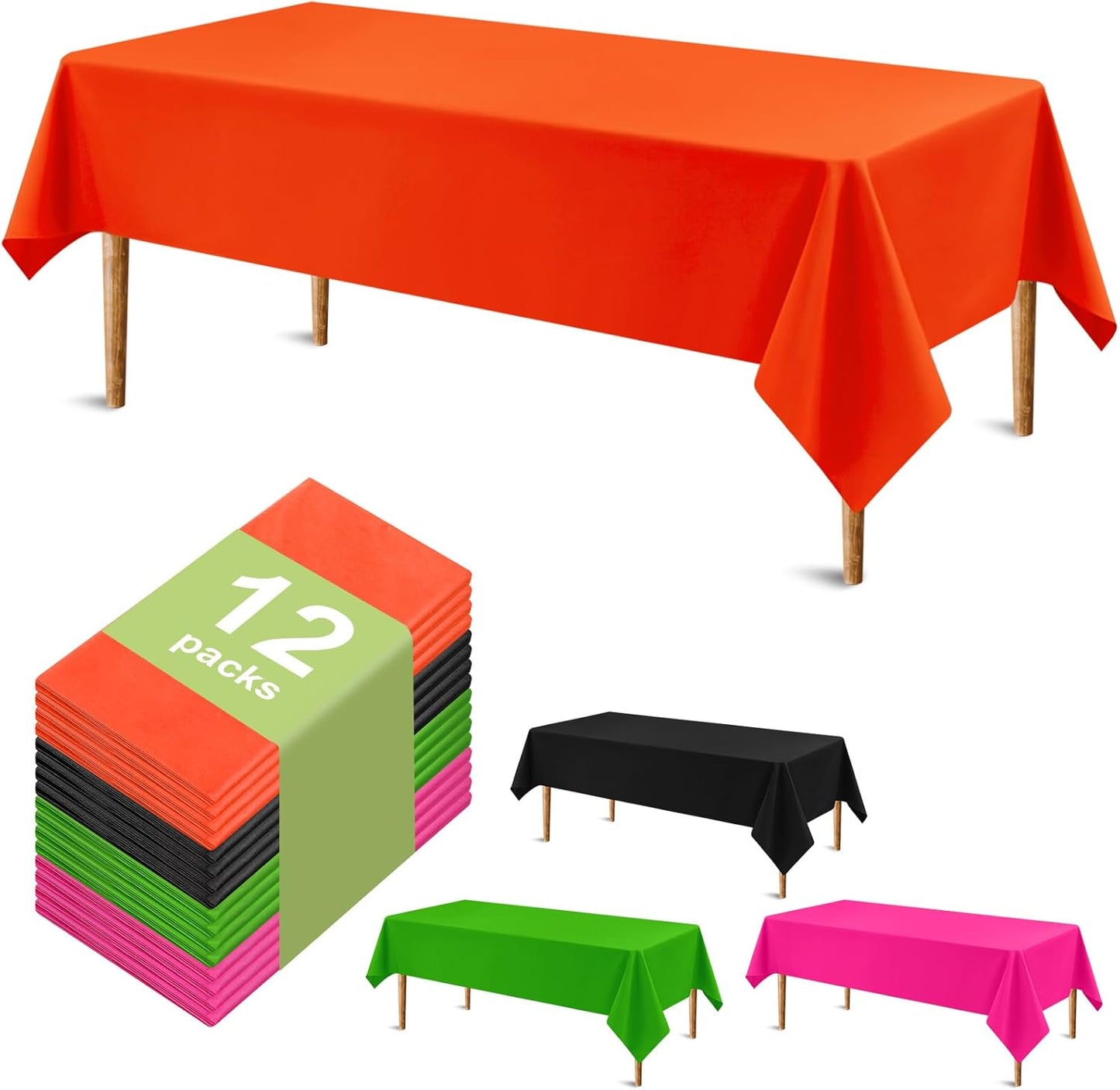 Tegeme 12 Pack Plastic Halloween Tablecloths 54×108 Inch Black Orange Pink Green Rectangle Table Cloth Covers Waterproof for Halloween Neon Party Decorations Birthday Party Supplies