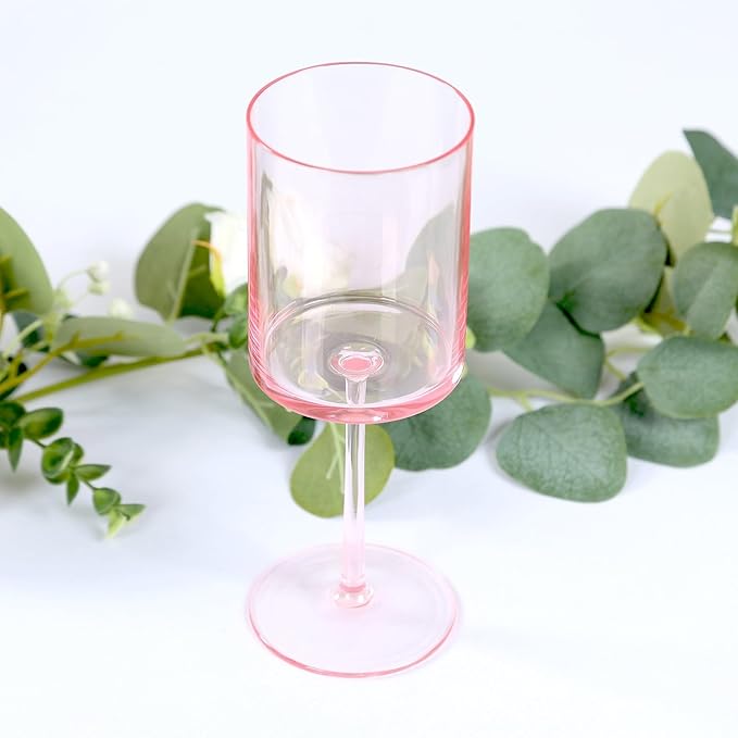 Efavormart 6-Pack Transparent Blush Plastic Cylindrical Wine Glasses 10oz, Long Stem - Shatterproof Reusable Cocktail Glasses