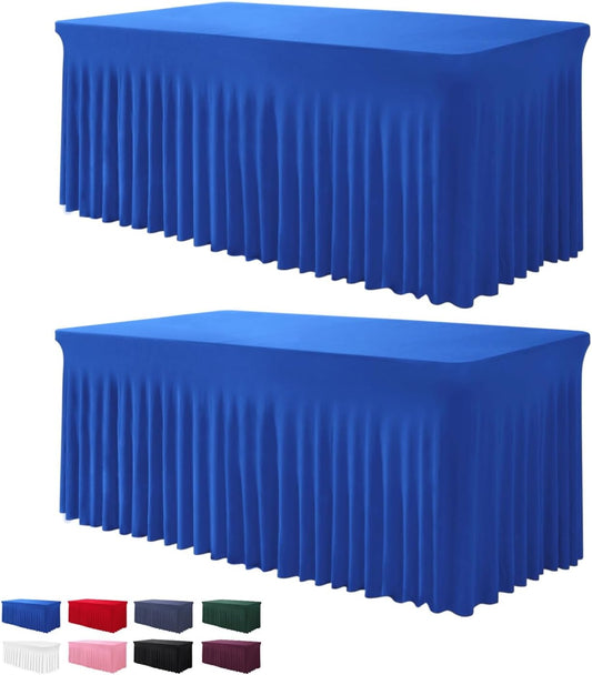 Table Skirt for 4 Foot Tables - 2 Pack One-Piece Royal Blue Tablecloths and Skirt, Wrinkle Resistant Ruffles Elastic Cover for Banquets, Weddings, Events, Parties