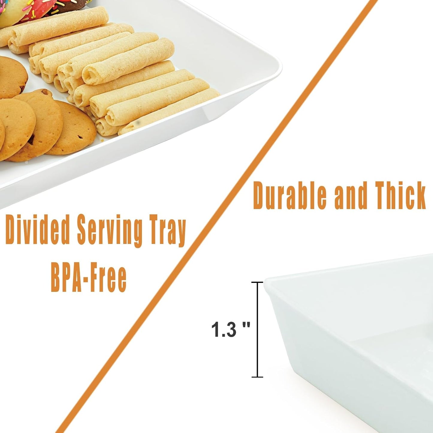 Serving Tray Platter Rectangle, 2 Pcs Long Narrow Food Tray for Veggie Fruit Snack Dessert, Plastic White Food Trays for Party Supplies Display, Rectangular Platters for Serving Food, BPA Free
