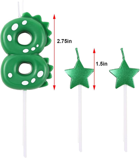 2.75 Inch Green Dinosaur Shaped 8 Number Birthday Candles and Star Birthday Candles,Suitable for Dinosaur Birthday Decorations & Themed Parties Celebration