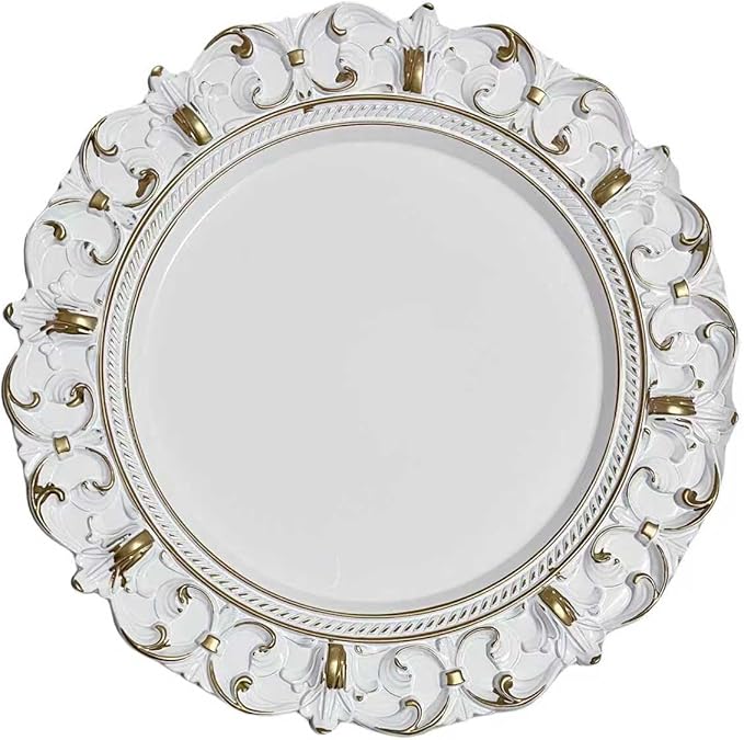 6 Pack White Charger Plates 13" Round Charger Plates for Dinning Plates with Embossed Rim Plastic Charger for Dinner, Wedding, Elegant Tableware Decor