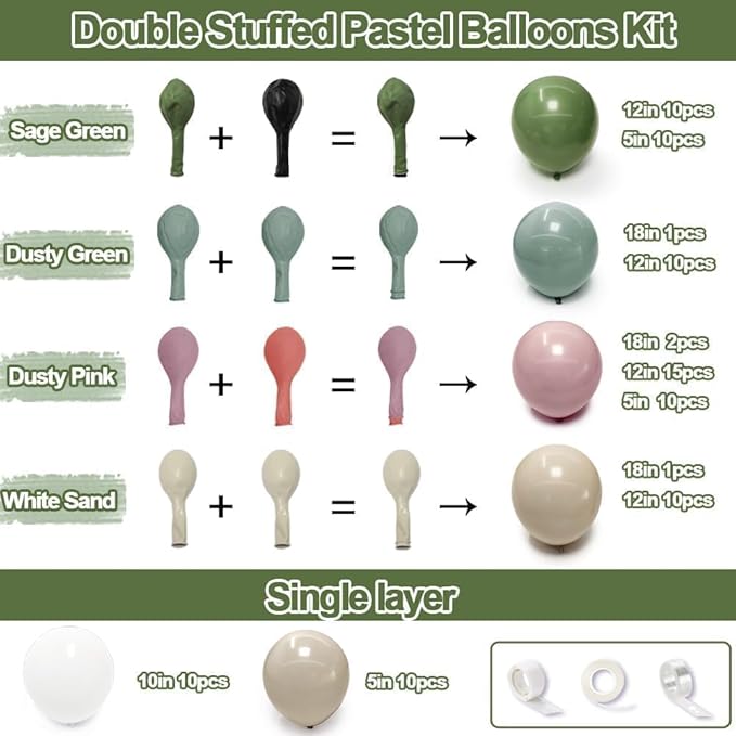 Sage Green Pink Balloon Garland Double Stuffed Dusty Pink Green White Sand Balloons Rose Cream Balloon Arch Kit for Birthday Baby Shower Gender Reveal Wedding Wild Flower Easter Party Decorations