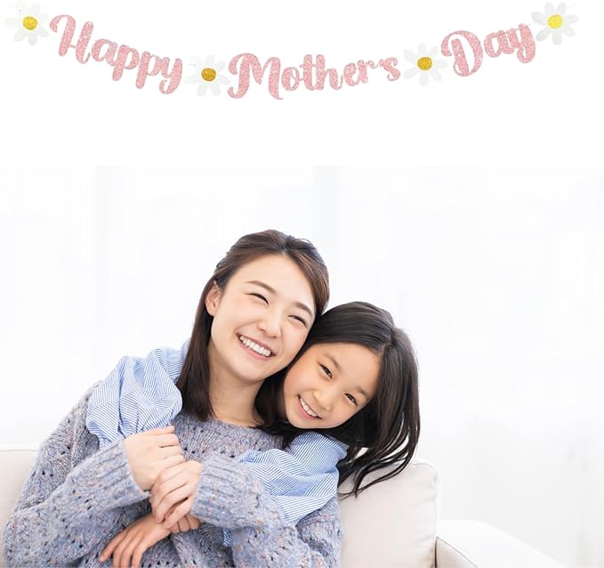 Happy Mother's Day Banner Set Decoration for Mother's Day Party Decorations Backdrop Garland for Mom Glitter Garland Photo Props (Rose Gold)