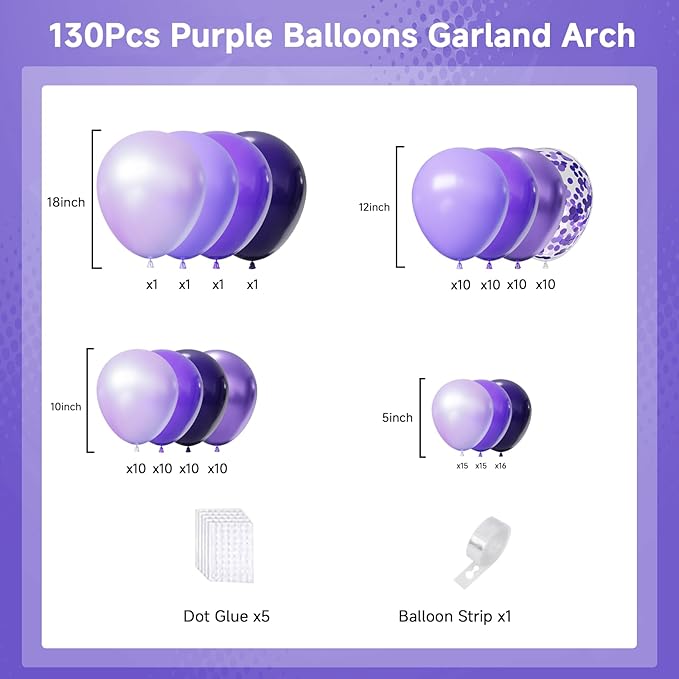 Light Purple Balloons Arch Kit,130pcs Pastel Purple Balloon Garland,18 12 10 5 Inch Dark Purple Latex Balloons for Birthday Wedding Baby Shower Purple Theme Party Decorations