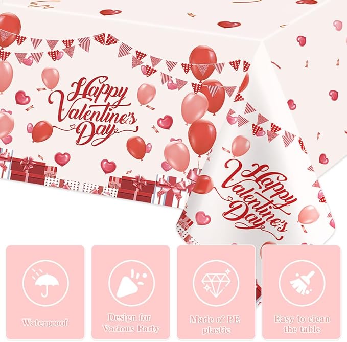 2 PCS Valentine Tablecloth(54x108 Inch) Plastic Valentines Day Table Cover Cloth Tablecloths for Valentines Party Favors Supplies Decorations Galentines Home Kitchen Desk Decor Backdrop Photo Props