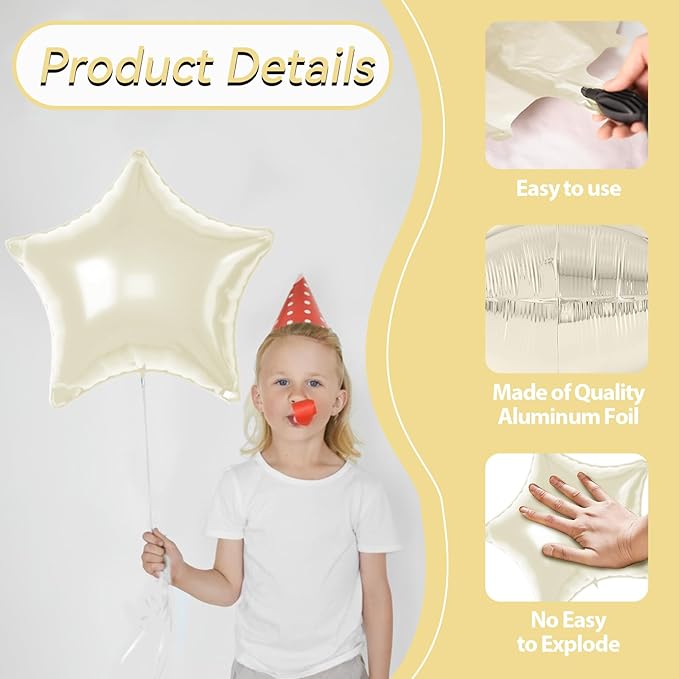 Cream Star Foil Balloons, 10PCS Cream White Foil Stars Shape Balloons, 18 Inch Beige Aluminum Balloon for Helium Pentagram Balloon for Birthday, Anniversary, Graduation, Baby Shower Party Decoration