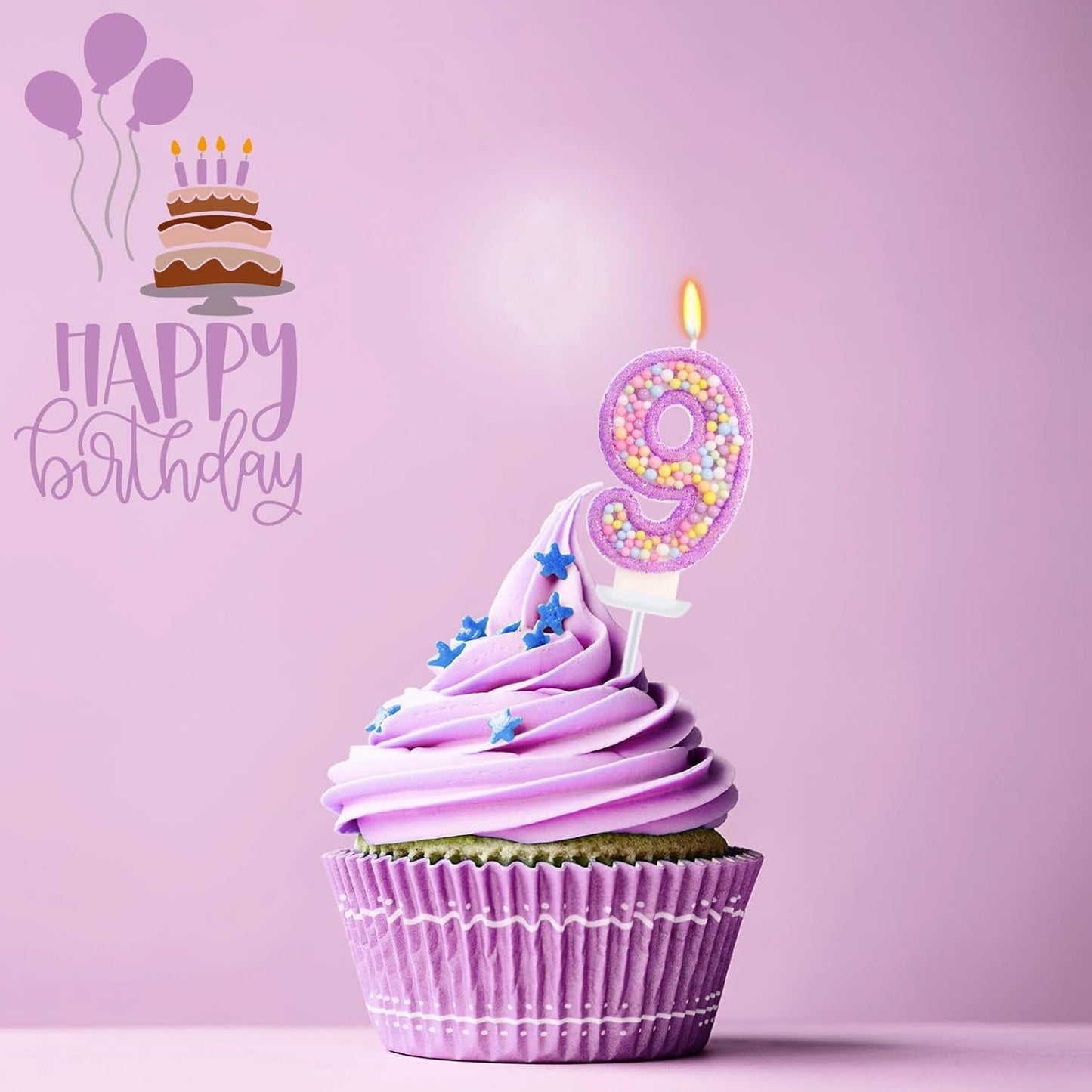 Birthday Candles - Number 9 Candle, Colorful Macaron Candles for Boys/Girls, Purple Party Decorations, Purple Cake Decorations