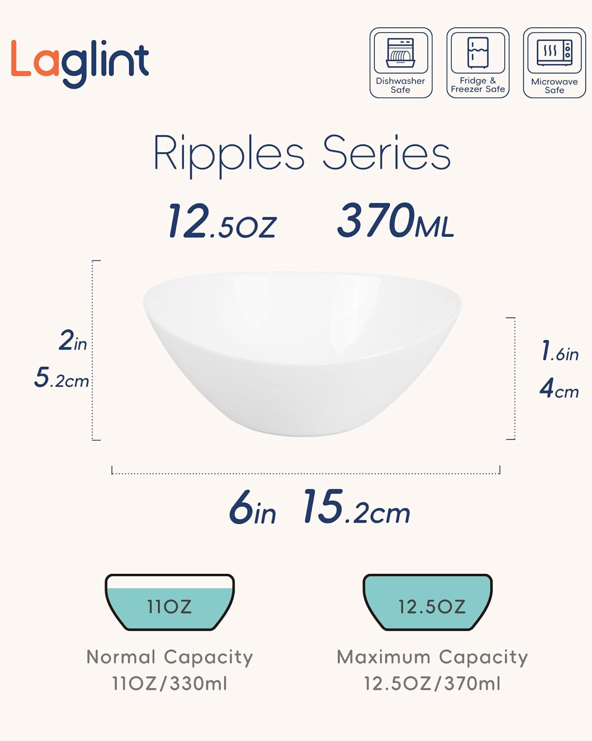 12 OZ Bowl Set of 6, Opal Glass 6 inch Oval Small Ice Cream Bowls for Breakfast Snack Dessert, Side Dishes, Fruit Kitchen, Microwave & Dishwasher Safe, White
