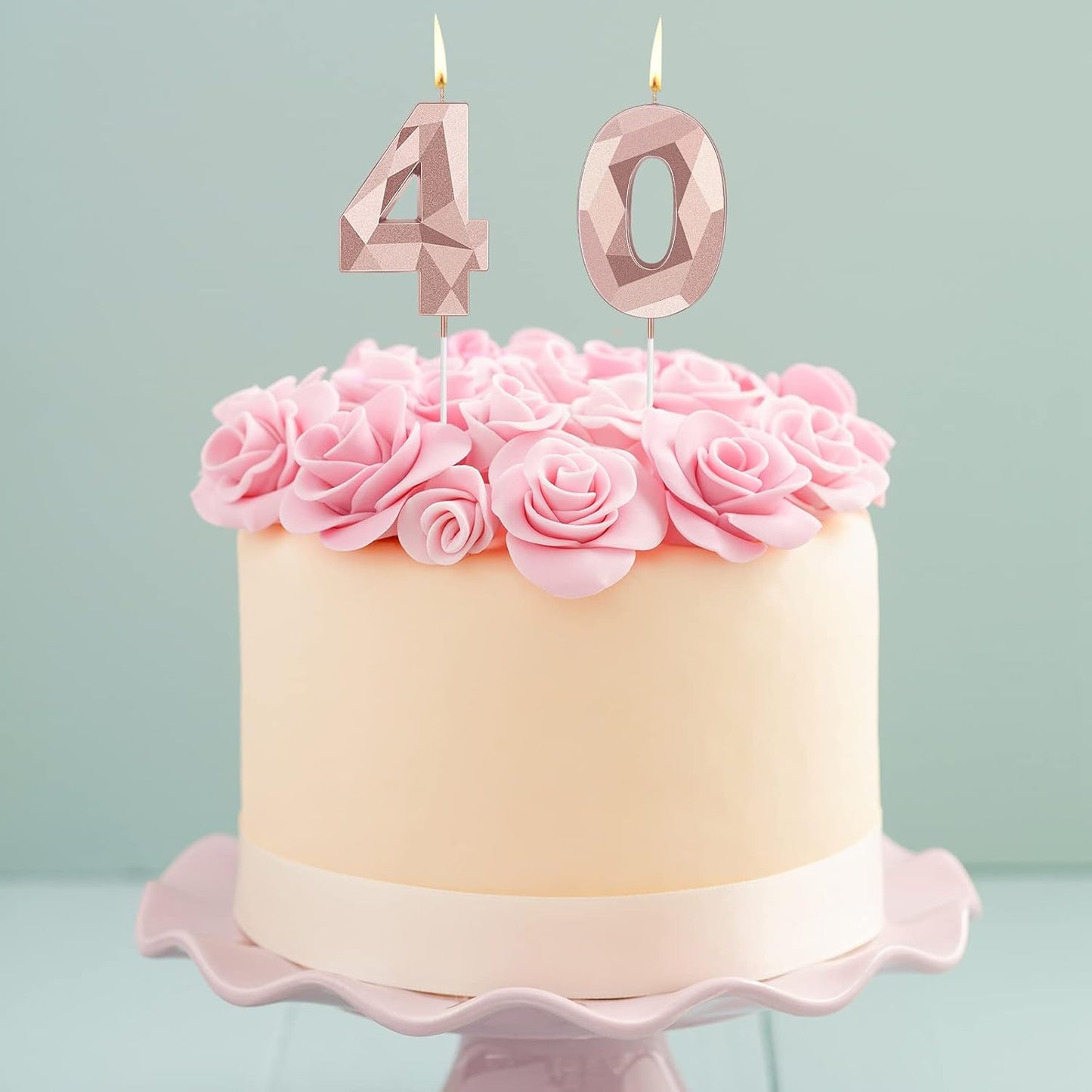 Nuanchu 40th Birthday Candles, Number 40 Happy Birthday Cake Topper 3D Diamond Shape Numeral Sparkler Candles for Men Women Party Wedding Decoration Theme Party (Rose Gold)