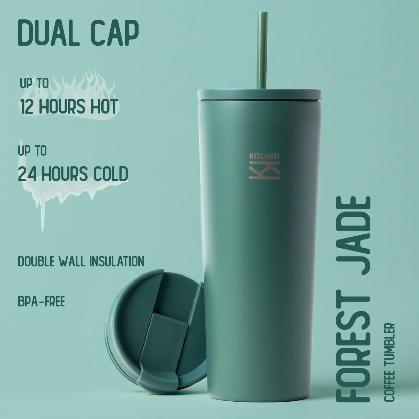 750ml (25oz) Insulated Tumbler with Straw, Flip Lid & Bonus Sticker Pack – Stainless Steel Reusable Travel Cup (Forest Jade)