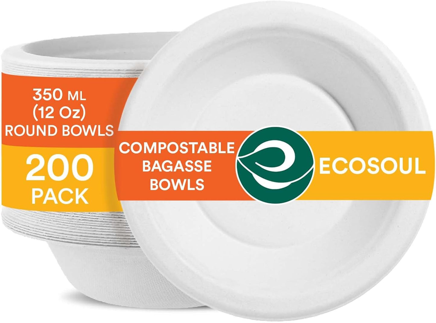 ECO SOUL 100% Compostable 12 Oz Soup Bowls [200-Pack] Disposable Sturdy Bowls I Heavy Duty Paper Bowl I Eco-Friendly Salad Bowl I Biodegradable Small
