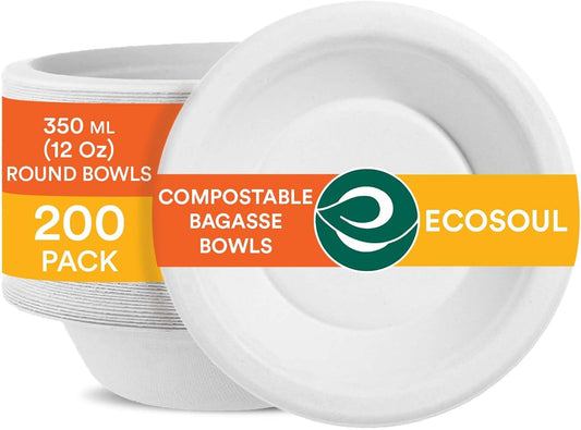 ECO SOUL 100% Compostable 12 Oz Soup Bowls [200-Pack] Disposable Sturdy Bowls I Heavy Duty Paper Bowl I Eco-Friendly Salad Bowl I Biodegradable Small