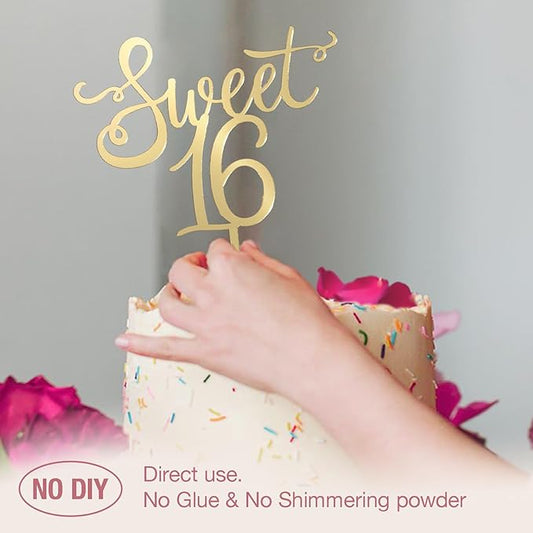 Shiny Acrylic Happy Sweet 16 Birthday Cake Topper, 7.5" x 6", Cheer to 16th Birthday Party Cake Decoration (Gold)