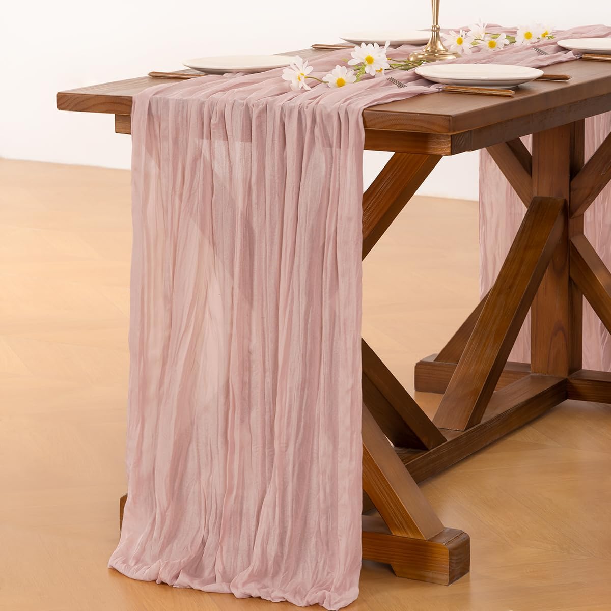 Socomi 3pcs Pink Cheesecloth Table Runner Fall Thanksgiving Boho Rustic Gauze Dusty Pink Farmhouse 120 inch 10FT Cheese Cloth Runner for Wedding Party Baby Shower Birthday Home Decor