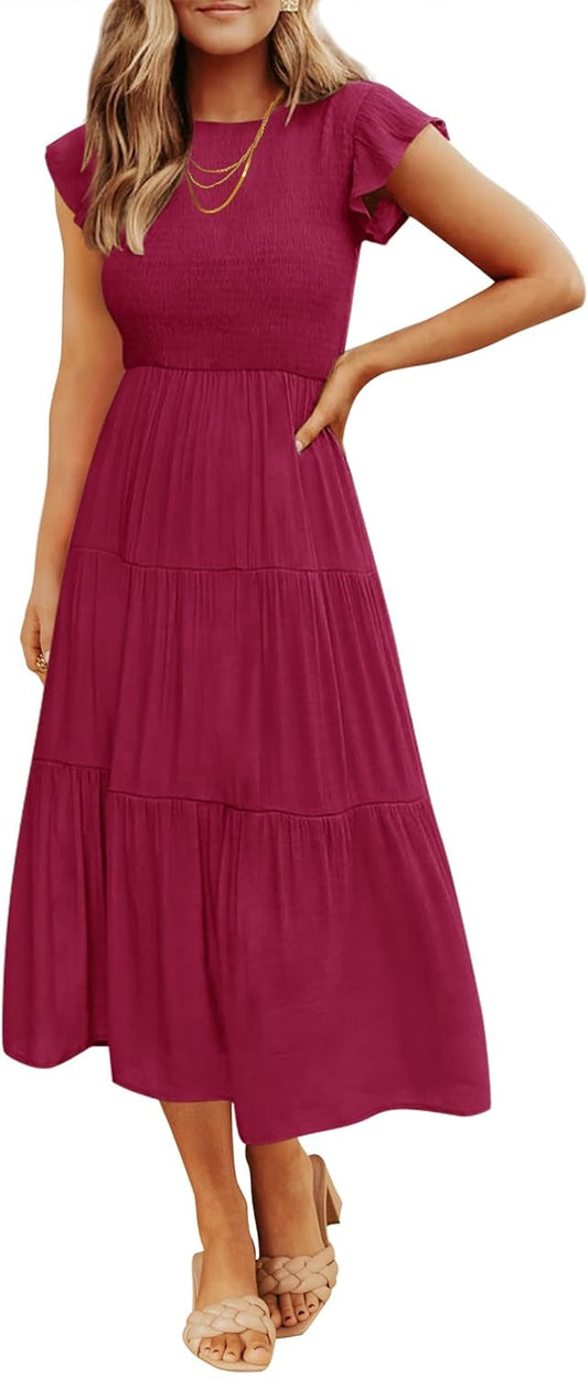 ZESICA Women's 2025 Summer Casual Flutter Short Sleeve Crew Neck Smocked Elastic Waist Tiered Midi Dress