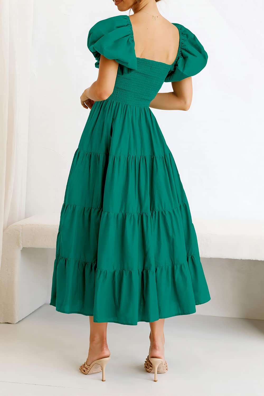 PRETTYGARDEN Women's Casual Summer Midi Dress Puffy Short Sleeve Square Neck Smocked Tiered Ruffle Dresses