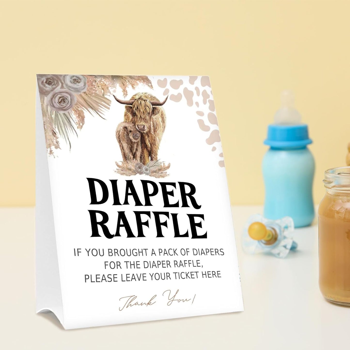 Diaper Raffle Tickets for Baby Shower Game, 1 Standing Sign & 50 Guessing Cards for Baby Shower Party Decoration, Holy Cow, Boho Highland Cow
