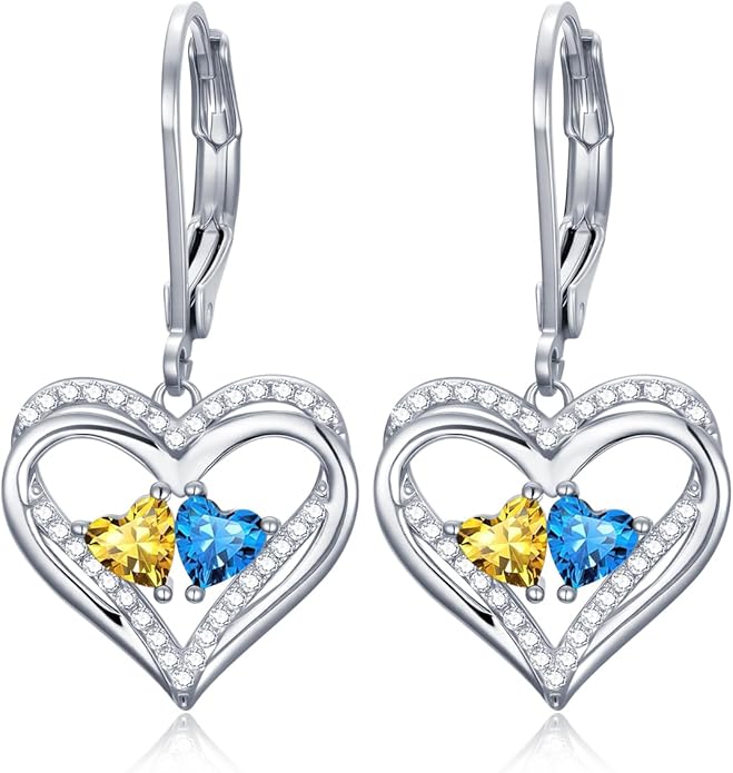 Valentines Day Gifts for Women, Heart Leverback Earrings Double Birthstone Dangle Earrings for Women, Love Jewelry for Her, Anniversary Birthday Gift for Mom Wife Girlfriend