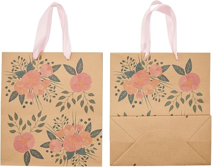 Juvale Floral Gift Bags - Reinforced Bottom & Ribbon Handles - Party Favor Bags - 8 x 4 x 9 in, Pack of 24, Pink