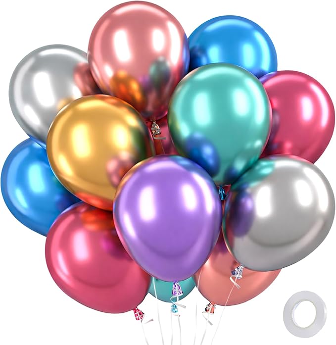 Patimate Balloons Assorted Colors 100 Pack 12 Inch Colorful Chrome Metallic Rainbow Party Balloons for Birthday Wedding Birthday Baby Shower Christmas Carnival Party Decorations Arch Garland