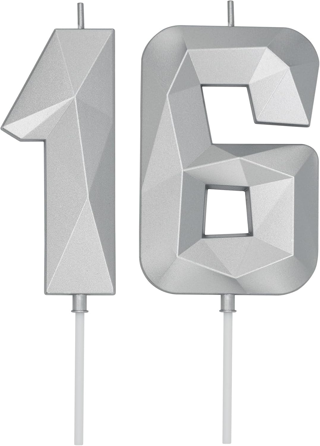 DERVENTA Birthday Candle Big Number 3D Silver 3.7 inch Party Celebration Anniversary Decoration Cake Topper 1 Piece (Number 16 Silver)