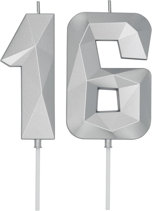 DERVENTA Birthday Candle Big Number 3D Silver 3.7 inch Party Celebration Anniversary Decoration Cake Topper 1 Piece (Number 16 Silver)