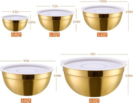 Gold Mixing Bowls with Airtight Lids, Stainless Steel Nesting Mixing Bowls Set of 5, Ideal for Baking, Prepping and Serving Food, Size 5.5, 3.6, 2.7, 2.1, 1.5, QT, Stackable Design