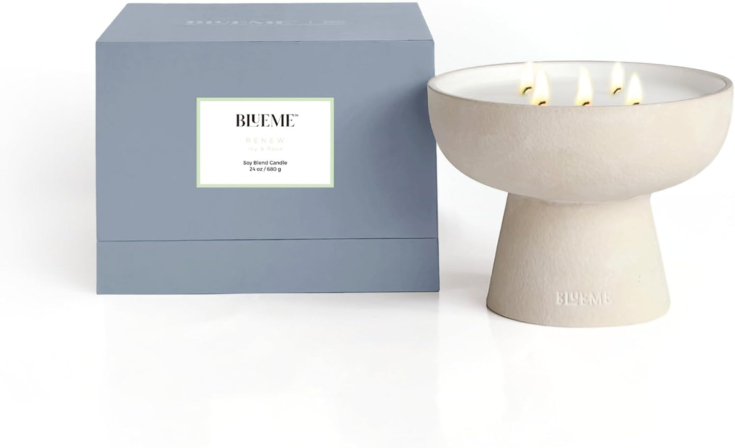 BLUEME Renew - Ivy & Rose, Luxury Candle w/Essential Oils, 5 Wick, Hand-Poured Soy, Cotton Wick, Ceramic