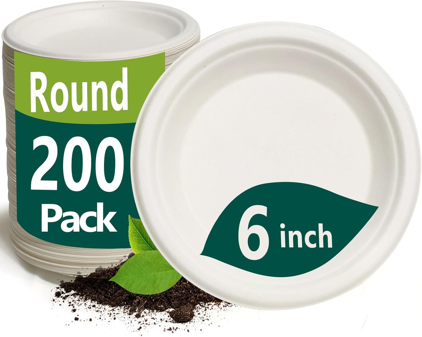 6 Inch Small Paper Plates, 200 Pack Disposable Compostable Dessert Plates Made from Sugarcane Fibers, Eco-Friendly, White