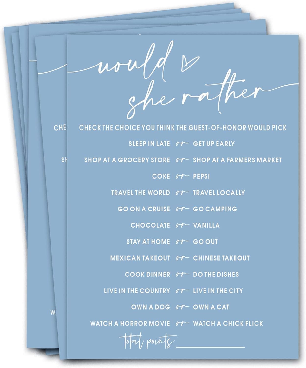 Bridal Shower Games Cards, Would She Rather Bridal Shower Game for 25 Guests, Engagement Party Wedding Games for Guests, Minimalist Blue Wedding Party Supplies - B11