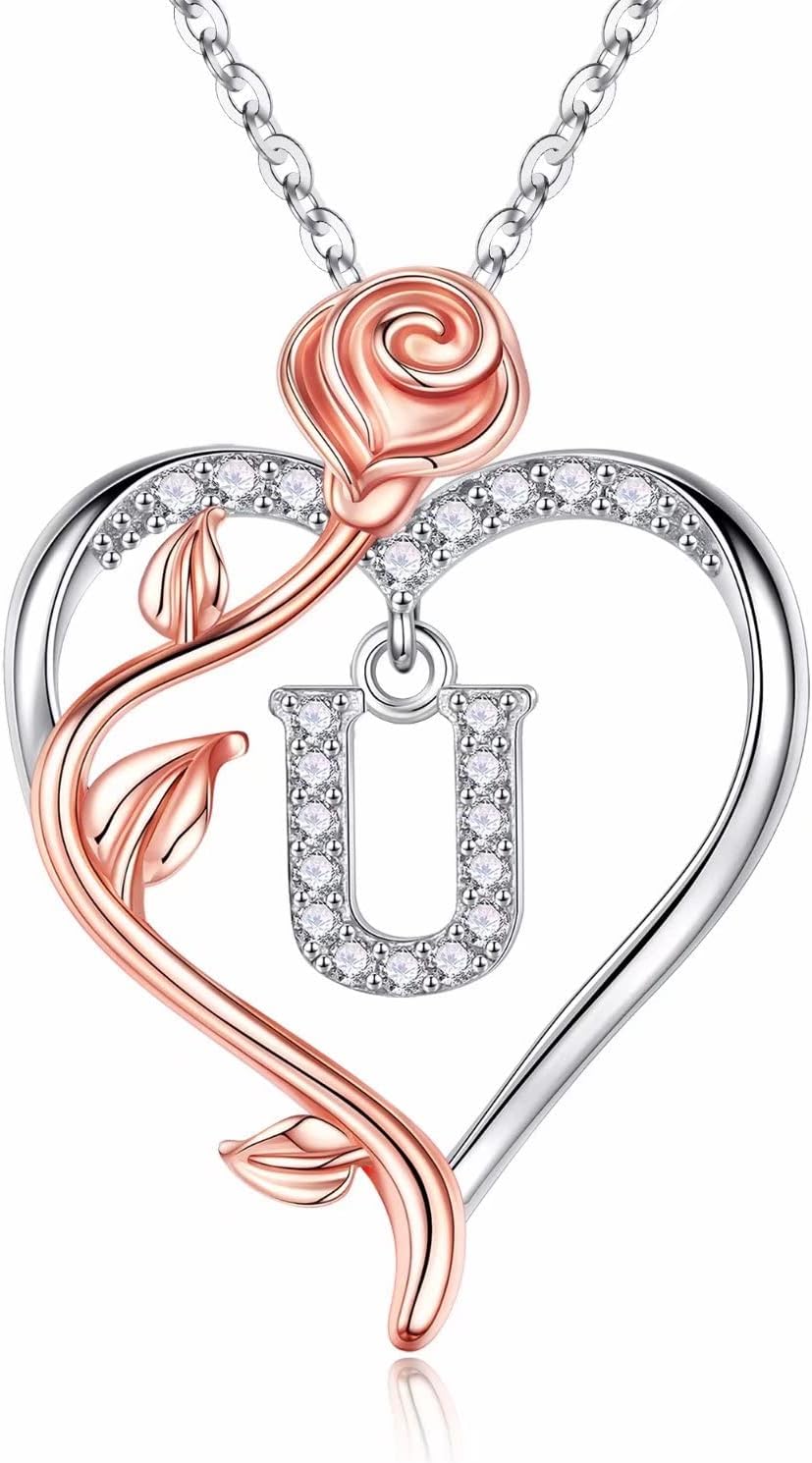 Iefil Rose Heart Necklaces Gifts for Women - 925 Sterling Silver Rose Heart Initial Necklace, Anniversary Birthday Gifts for Women, Jewelry Gift for Her Wife Girlfriend Mom Daughter