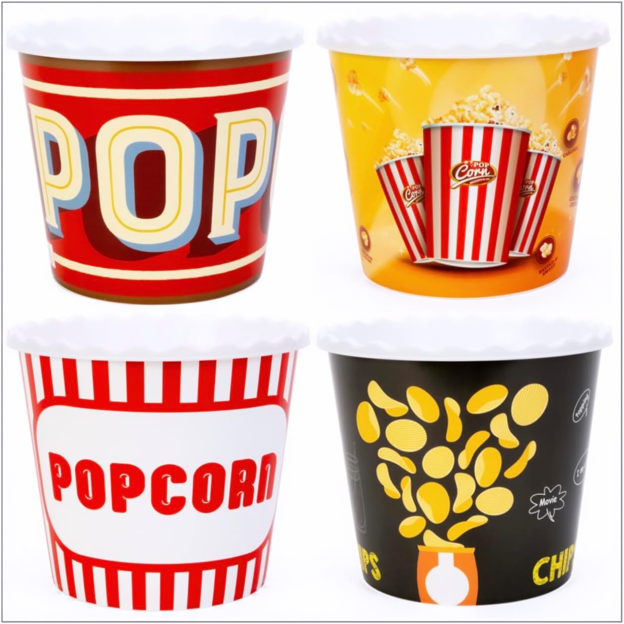 Modern Style Reusable Plastic Popcorn Box/Popcorn Containers/Popcorn Bowls Set for Movie Theater Night - (BPA Free - 4 Pack - 75 oz) (Popcorn Mix E)