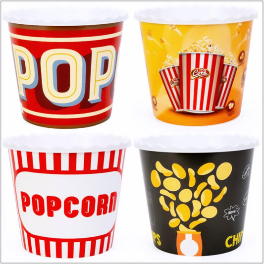 Modern Style Reusable Plastic Popcorn Box/Popcorn Containers/Popcorn Bowls Set for Movie Theater Night - (BPA Free - 4 Pack - 75 oz) (Popcorn Mix E)