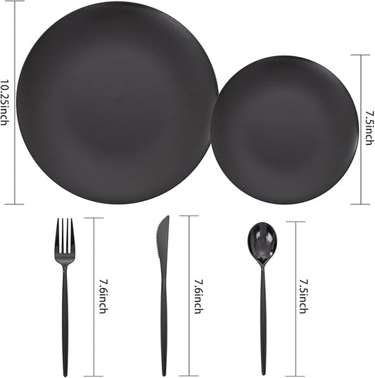 EI 150pcs Black Plastic Plates Frosted Plastic Plate,Premium Heavy Duty Black Plastic Plates,Black Disposable Plates with Plastic Silverware,10.25" Dinner Plates and 7.5" Dessert Plate Wedding Party