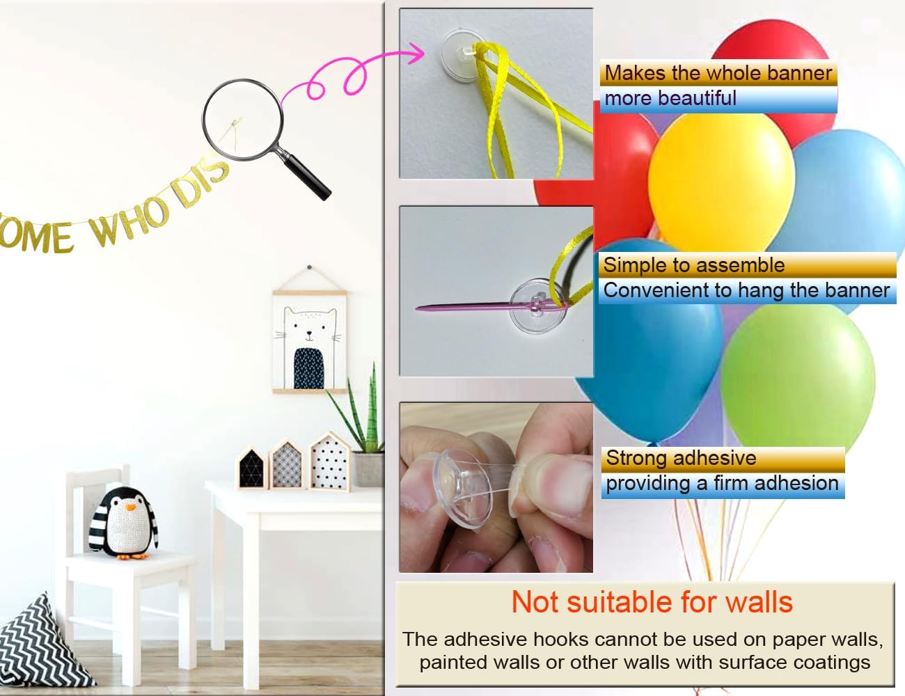 New Home Who Dis Banner,with adhesive hooks,New Home,Welcome Home,Funny Housewarming Party Decorations Spupplies,Gold Glitter Decor(Pre-Strung)