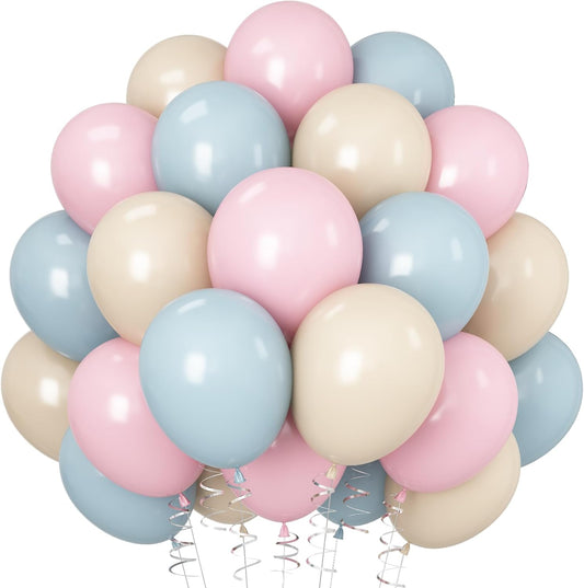Pink and Blue Balloons Gender Reveal Boy or Girl 12inch Pastel Light Pink Slate Blue Beige White Sand Balloons Birthday Party Decorations Pale Aqua Latex Helium Balloon for Arch Baby Shower Decor
