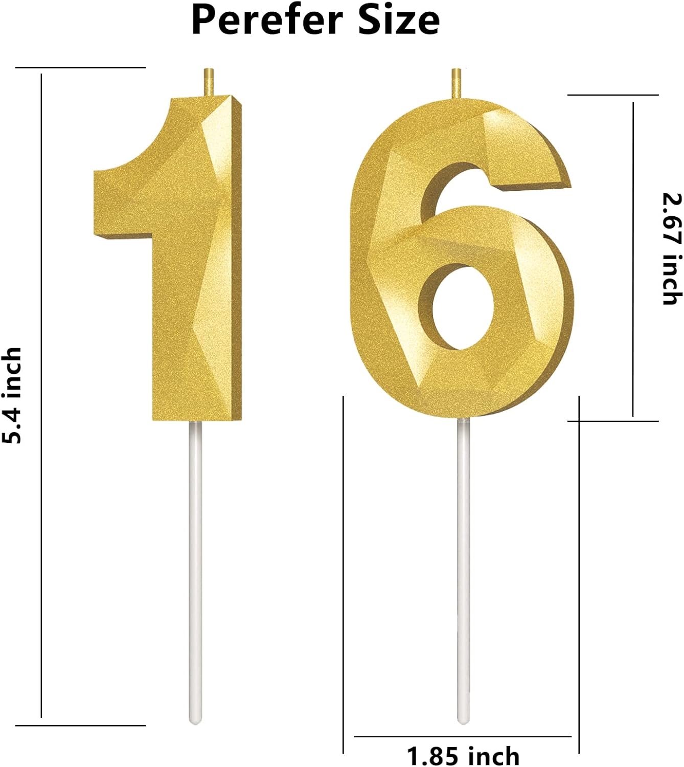 Number Birthday Candles(16 Candle Gold) 3D Diamond Shape Number Happy Birthday Cake Candles for Birthday Party Wedding Decoration Reunions Theme Party