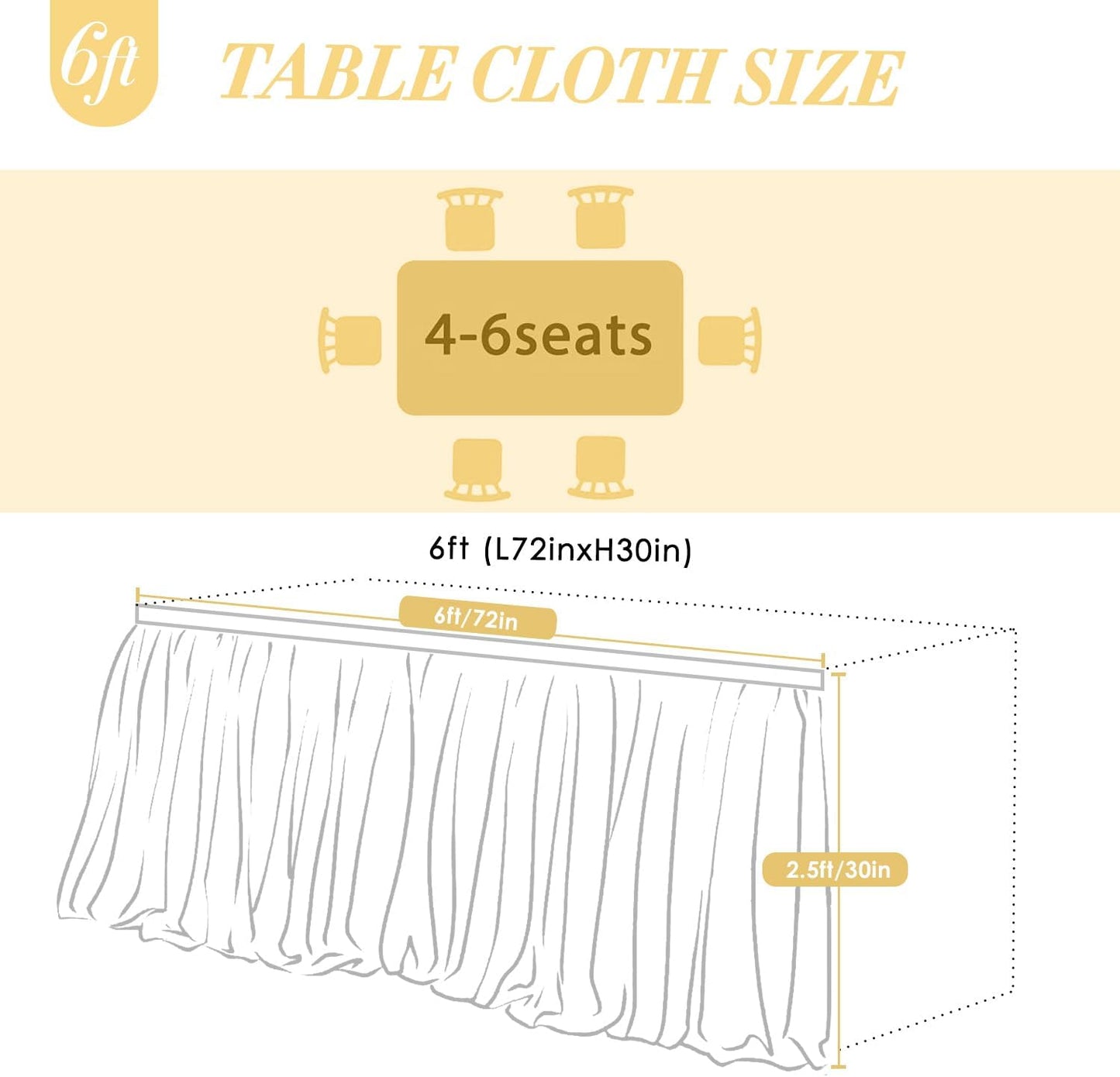 6Ft Champagne Tulle Table Skirts for Rectangle Tables Covers Ruffle Tutu Cloth Table Skirt, 72X30.3'' Tulle Tablecloth for Wedding Round Table Bridal Baby Shower Birthday Banquet Party Decorations