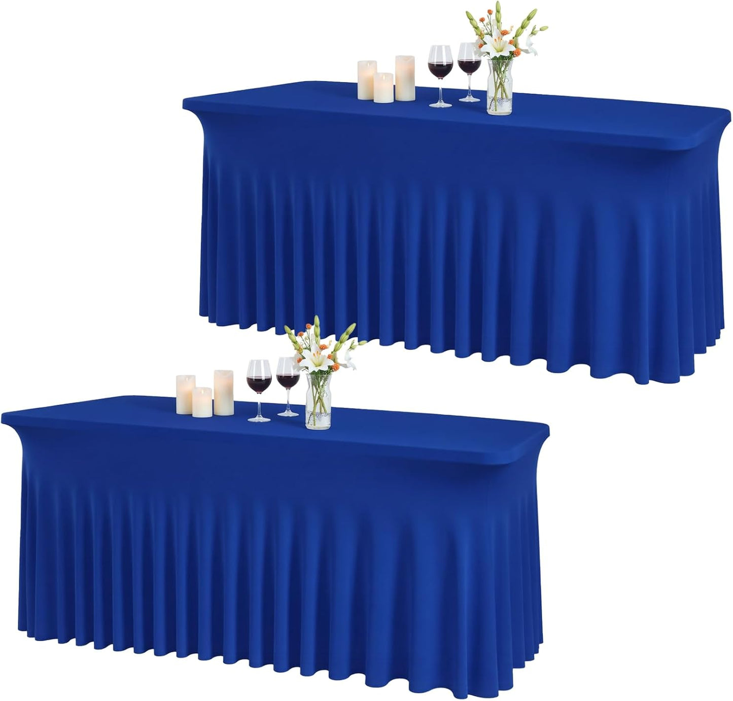 JCJ Table Skirt for Rectangle Tables Set of 2 Spandex Fitted Royal Blue Tablecloths for 6FT Tables, Wrinkle Resistant Ruffles Elastic Table Cover Skirts for Teacher Desk Weddings Banquets Parties