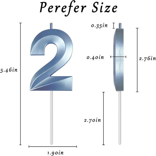 Blue Number 2 Candles, 3D Diamond 2.76 Inch Cake Topper Birthday Candles for Wedding Anniversary Cake Decorations, Happy Birthday Party Decorations