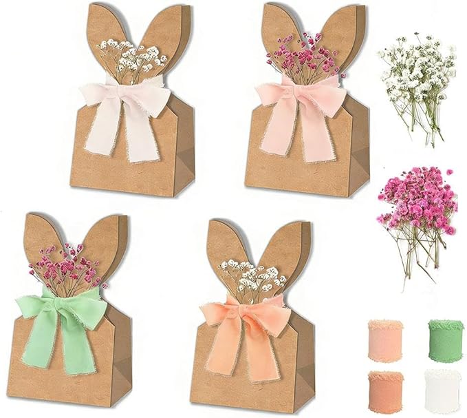 12 Set Boho Bow Easter Bunny Party Favor Bags, DIY Bunny Gift Boxes with Boho Neutral Bow Ribbon and Dried Flowers,Rustic Kraft Paper Rabbit Ears Treat Boxes Goodie Bags for Spring Holiday Decor(C)