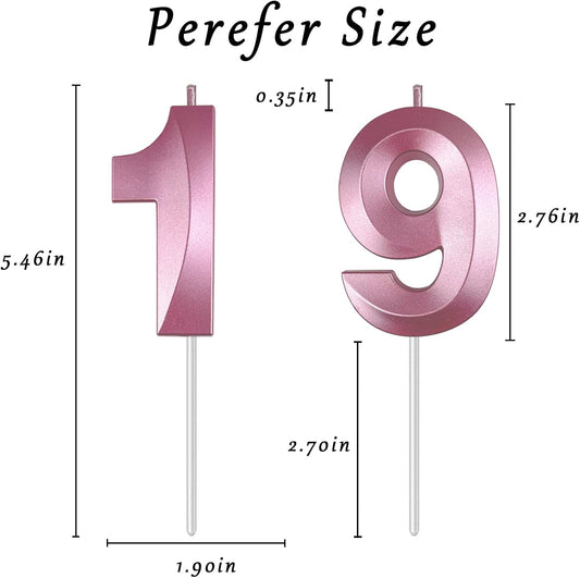 Pink Number 19 Candles, 3D Diamond 2.76 Inch Cake Topper Birthday Candles for Wedding Anniversary Cake Decorations, Happy Birthday Party Decorations