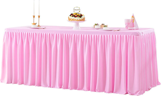 Pink Polyester Table Clothes for 4 Foot Rectangle Tables, Wrinkle Free Fitted Table Cover with Pleated Ruffle Table Skirt for Birthday Party Wedding Trade Show Event Display